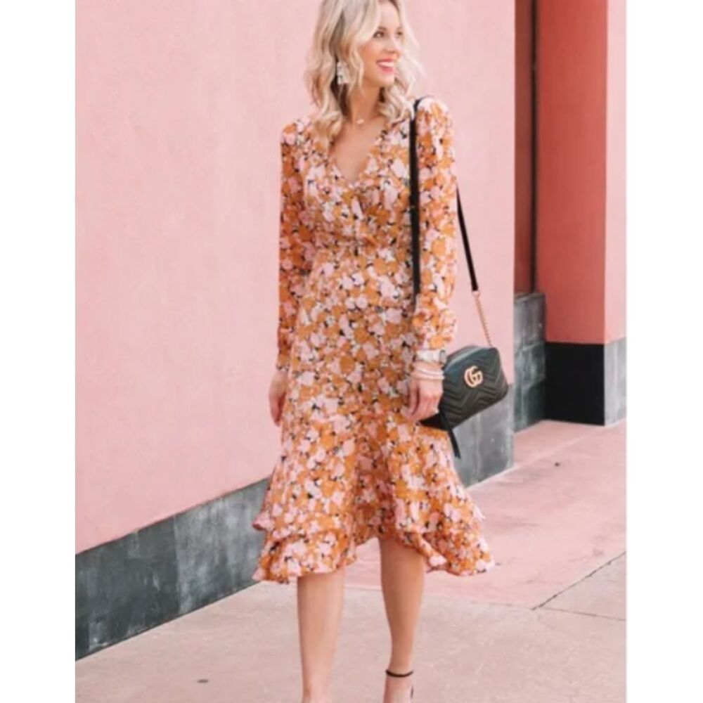 WAYF Celeste Ruffle Midi Wrap Dress Pink Orange Black Long Sleeve Size Small